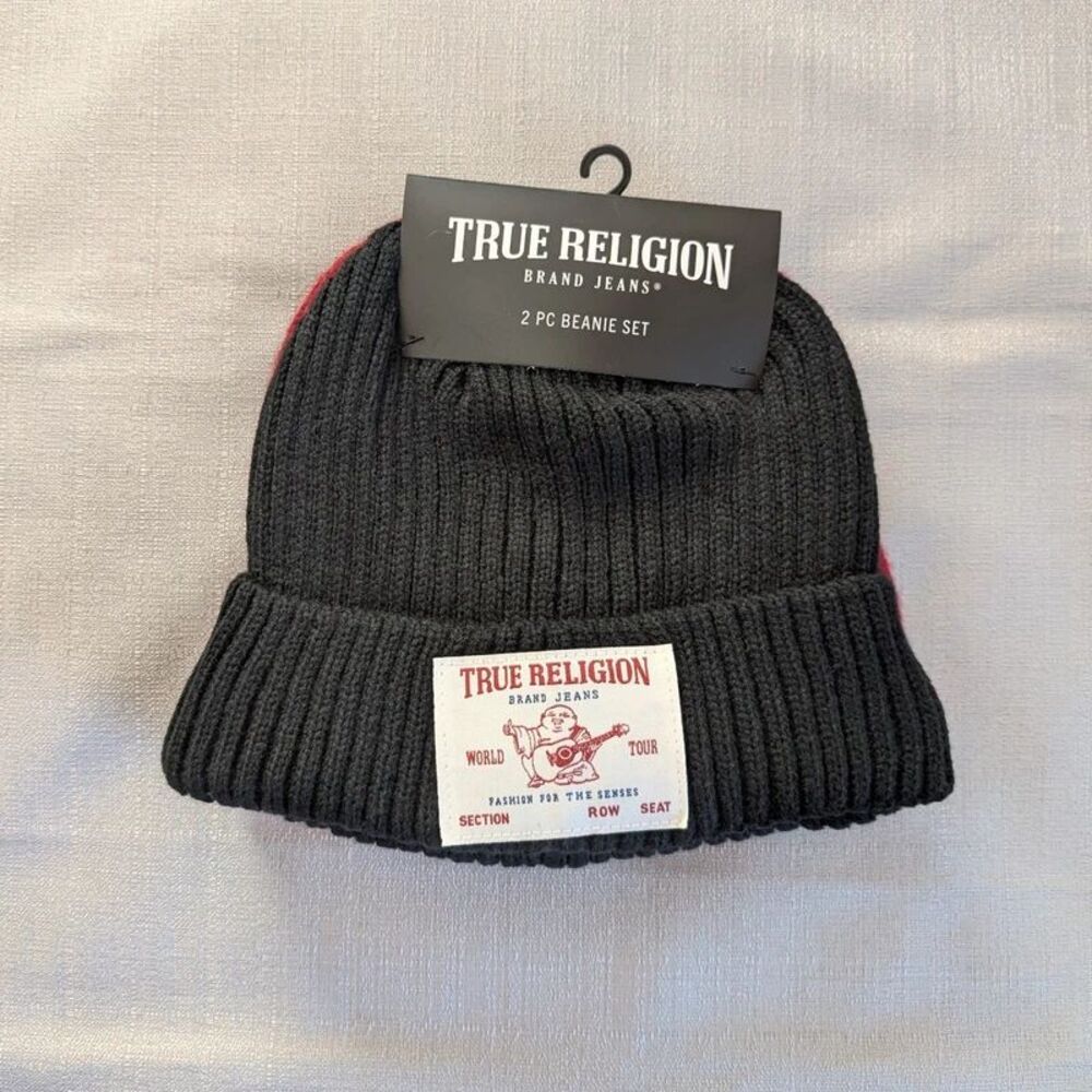 True Religion TWO Black and Red Knit Beanie Hat Adult Set NEW!